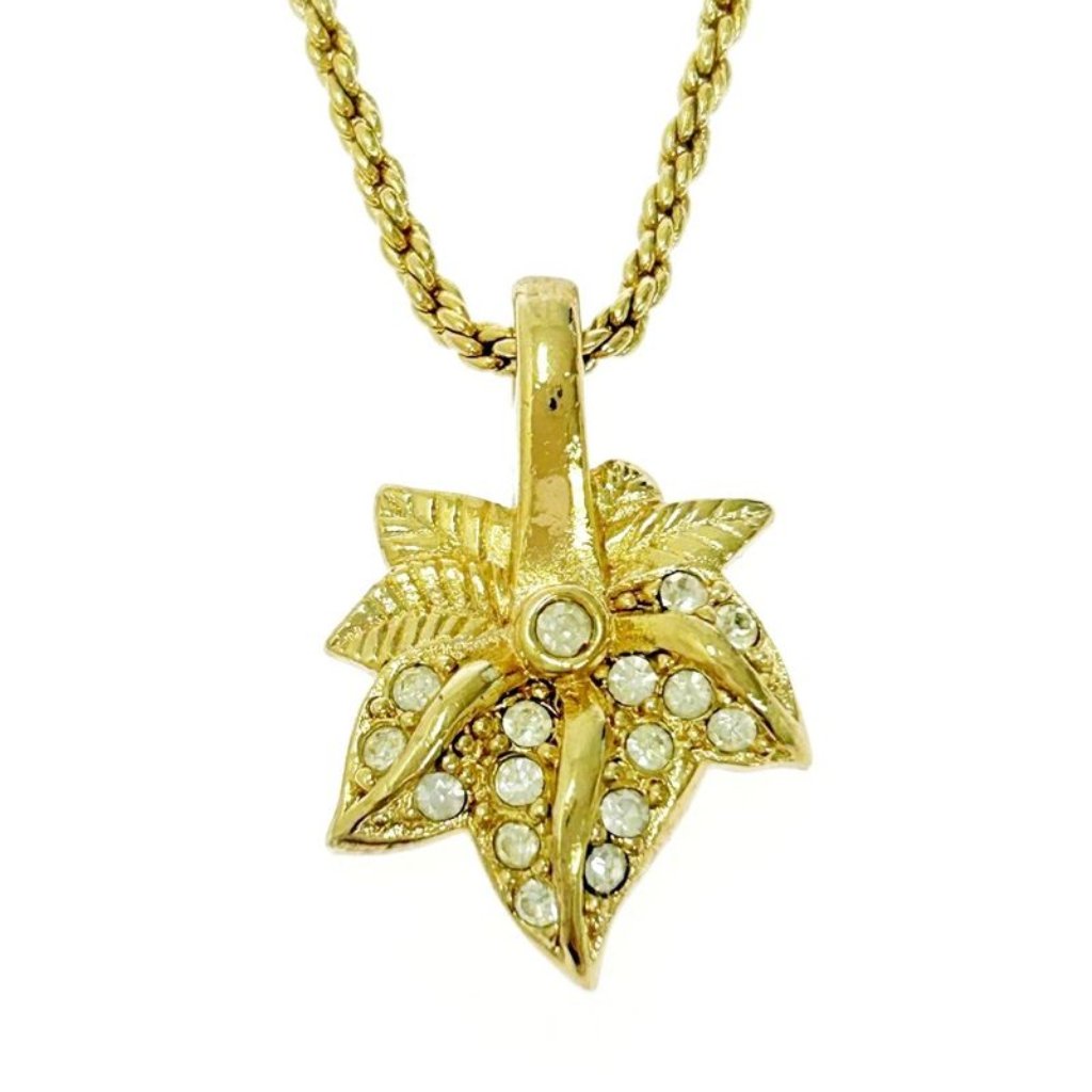 Christian Dior Gp Rhinestone Leaf Necklace Gold Necklace